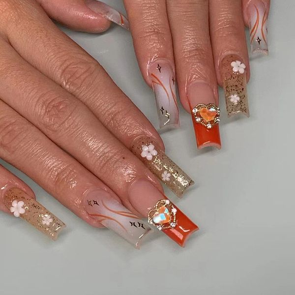 Pressione nas unhas Dicas de caixão francês destacável Falso unhas Falset Art com strass projeta Glitter Designs Longo