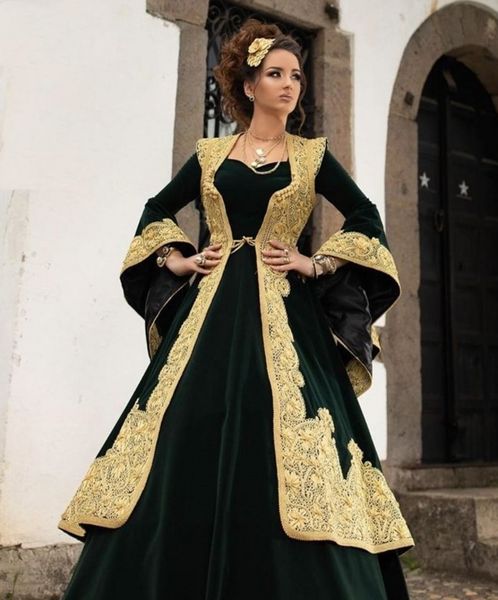 Albanischer Kaftan, Jägergrün, Abendkleider, ausgestellte lange Ärmel, Samtspitze, traditionelle Kosovo-Abschlussballkleider, Party-Outfits