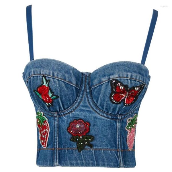 Os tanques femininos roscam borboleta em abacaxi bordado jeans de jeans da flor de flores push up bustier feminino bralette cortada coletes de primeira linha