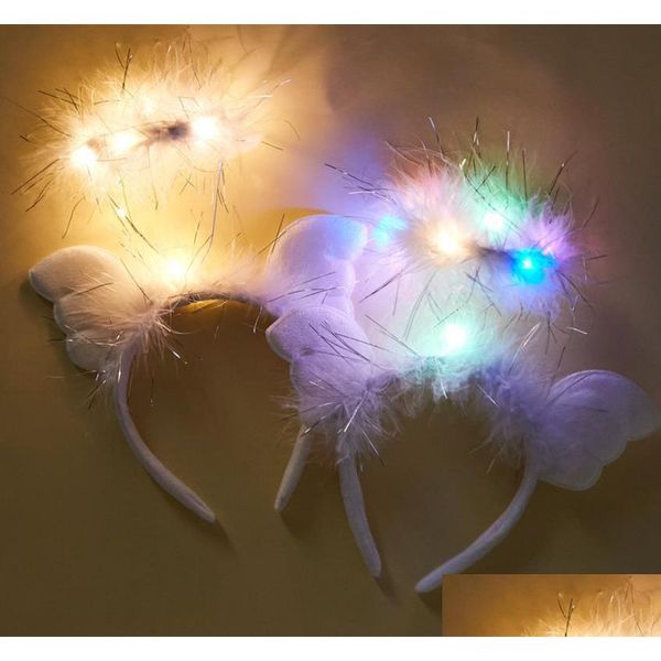 Andere Event-Party-Zubehör, leuchtendes LED-Engels-Halo-Stirnband, weiße Federflügel, Party, leuchtender Haarstab, Weihnachtskostüm, Kosten Dh4Dm