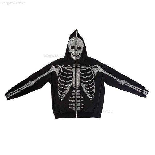 Herrenjacken Sketon Übergroße Full Zip Up Over Face Evil Skull Y2k Strass Diamant Hoodies Harajuku Grunge Goth Punk Damen Herren 2022 Neu 1117H22