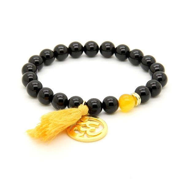 Bracelets de charme Novo design Design Valentine Atacado 8mm Black Onyx Stone Stone Beds Tassel Stretch Yoga Big Om Casal Drop Delivery J Dhgtq