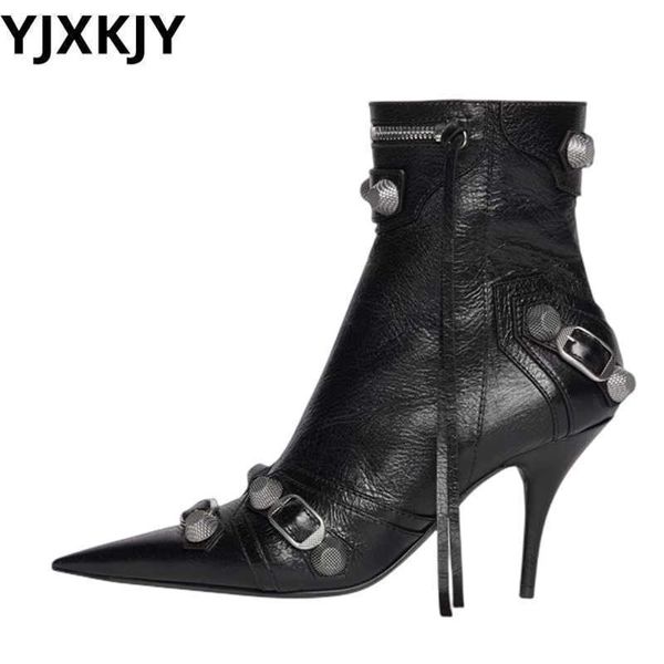 Stiefel Yjxkjy Neue Frauen Slim High Heel Metall Schnalle Kette Luxus Schuhe Mode Bequeme Spitze Zehen Knöchel Stiletto Kurze 221117