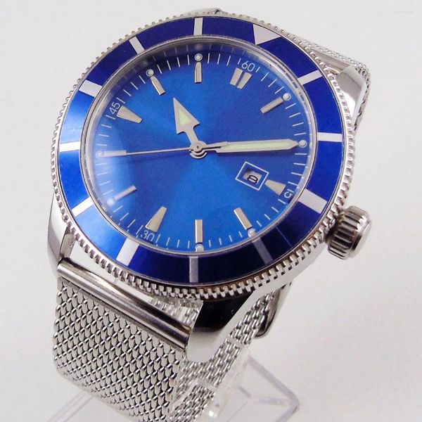 Avanadores de punho 46mm Blue Dial Luminous Rotative Beling Mechanical Men's Watch