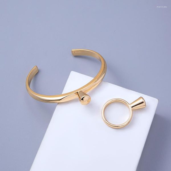 Armreif GSOLD Einfache C-förmige gebogene Öffnung Retro geometrisch metallische Damenmode Armreifen Armband Ring Set Handgelenkschmuck