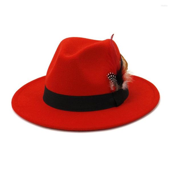 Berretti Cappelli Fedora rossi Cappello Fedora unisex da uomo Panama Tappo superiore con piume a tesa larga