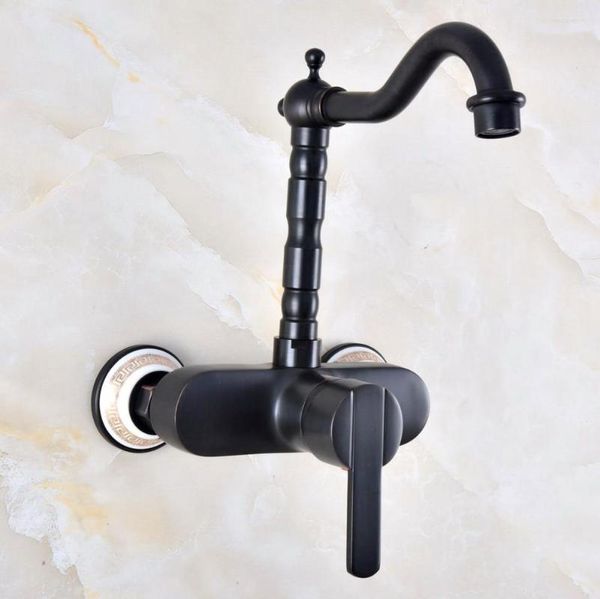 Rubinetti per lavabo da bagno Rubinetto per cucina in bronzo lucidato a olio nero Rubinetto per miscelatore con beccuccio girevole Montato a parete Maniglia singola Mnf875