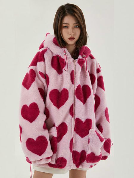 Giacche da donna SHENGPALAE Harajuku Heart Full Print Plush Jacket Donna Inverno Coreano Allentato manica lunga con cappuccio in cotone Cappotto spesso caldo 221117