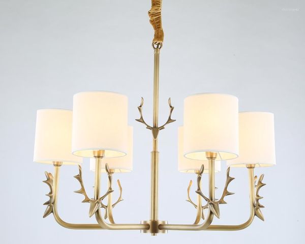 Lampadari Lampadario moderno in vero bronzo con corna di rame per camera da letto, sala da pranzo, soggiorno, paralume in tessuto, illuminazione nordica