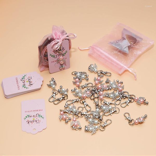 Portachiavi angelo bomboniera con etichette di ringraziamento Set di borse in filato con coulisse Accessorio per baby shower Pacchetto regalo di nozze da sposa Q1FD