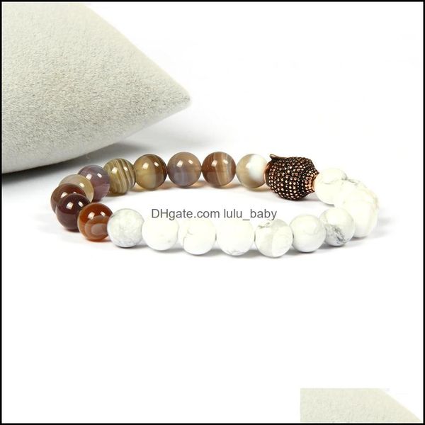 Bracelets de charme J￳ias budistas por atacado 10pcs/lote 8mm Bota natural Bra￧a de Buda de Pedra Branca Branca para Men Dhzdd