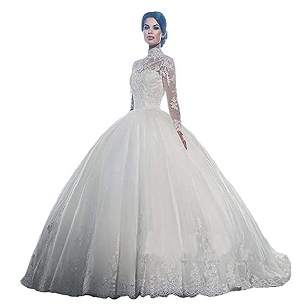 Abiti da sposa vintage con scollo a cuore 2023 Collo alto Treno di lusso maniche lunghe Sparkle Applique Tulle Arabia Saudita Dubai Abito da sposa taglie forti