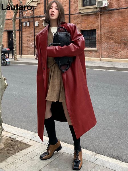 Damen Leder Faux Lautaro Herbst Langer Übergroßer Weinroter Trenchcoat für Frauen Ärmel Revers Lose Lässige Stilvolle Koreanische Mode 221117