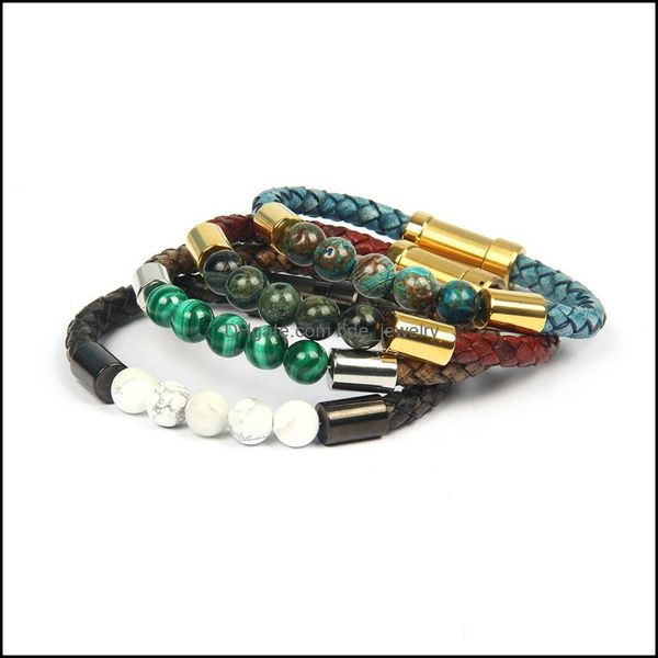 Bracciale rigido in vera pelle Cowe con perline di pietra da 8 mm, chiusura incorporata in acciaio inossidabile, gioielli in malachite naturale, goccia Deliv Dhtx6