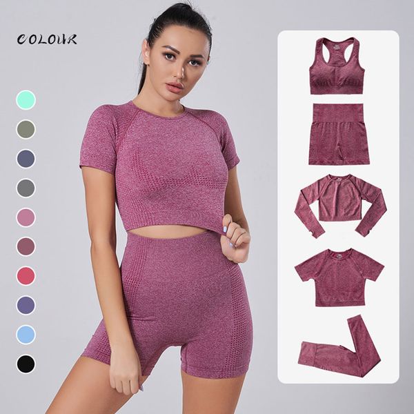 2 pezzi Completi da yoga Donna Set da yoga Vita alta Senza cuciture Set da fitness Pantaloni da corsa Collant da allenamento Reggiseno sportivo Manica lunga Crop Top Abbigliamento da allenamento Abbigliamento sportivo da donna