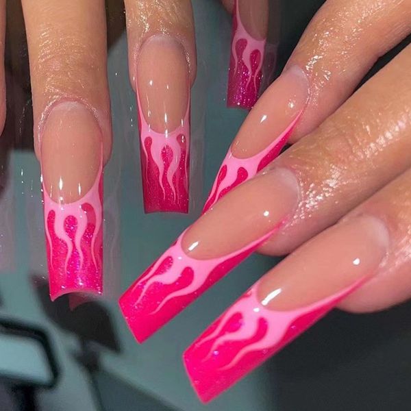 Unghie finte rosa balletto francese indossabile stampa sulle unghie artistiche punte per manicure rifinite rimovibili con strass glitter
