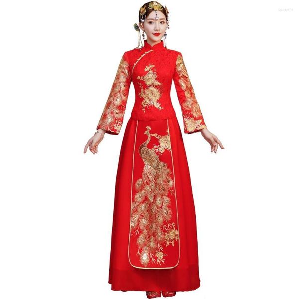 Roupas étnicas História Xangai Manga longa QIPAO Casamento chinês Phoenix Bordado Cheongsam Vestido tradicional para mulheres