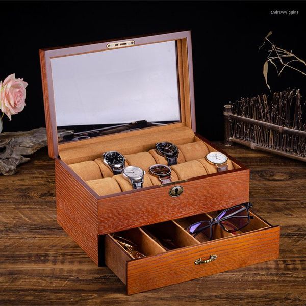 Scatole per orologi Organizzatore di scatole di legno a doppio strato di moda per donna uomo con piano in vetro