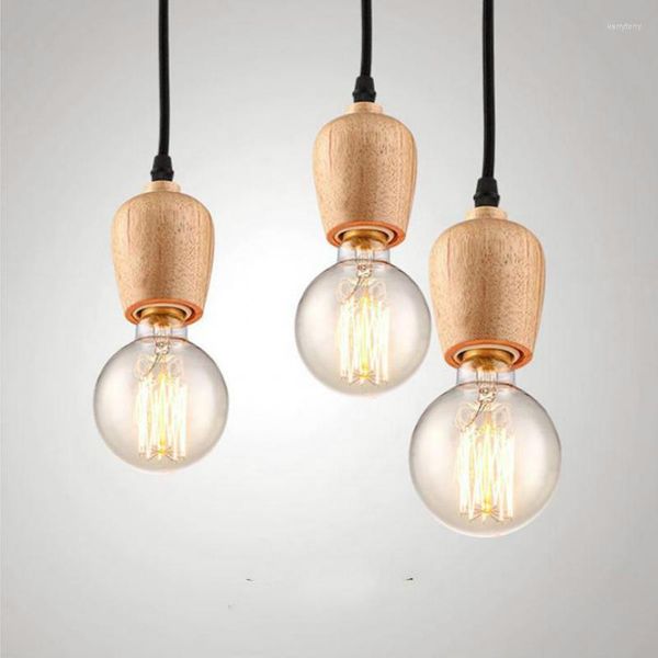 Kronleuchter, moderne Holz-Pendelleuchten, Vintage-Schnur-Lampe, Hängeleuchte, schwarzer Draht, Edison-E27-Glühbirne, Hängeleuchte