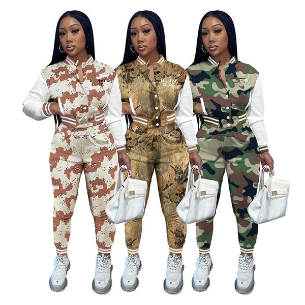 2024 Designer Marca Mulheres Tracksuits Camo Jogging Terno Carta Imprimir Duas Peças Set Manga Longa Sweatsuits Jaqueta de Beisebol Calças Outfit Outono Inverno Roupas 8967-7