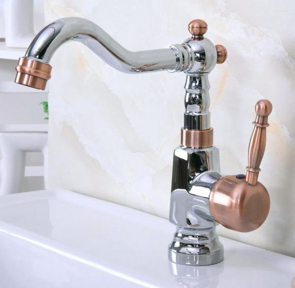 Rubinetti da cucina Cromo lucido Rame rosso antico Ottone Maniglia singola Monoforo Lavabo da bagno Lavello Bocca girevole Rubinetto Miscelatore Mnf915