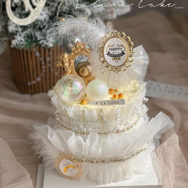 Forniture festive Decorazioni per torte in metallo Corona Pizzo Buon compleanno Topper per dessert Cupcake Segno Toppers oro piuma