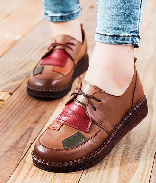 Kleidschuhe LIHUAMAO Britischer Stil Bequeme weiche Schnürung aus echtem Leder Casual Oxford Wedges Loafers Büro Damen Sneaker