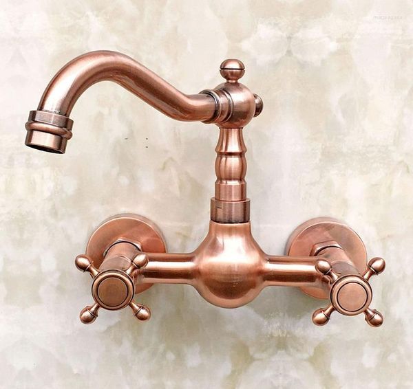 Rubinetti per lavabo bagno Rosso antico Rame Ottone Montaggio a parete Doppie maniglie a croce Rubinetto da cucina Miscelatore lavabo Rubinetti acqua Beccuccio girevole Mrg030