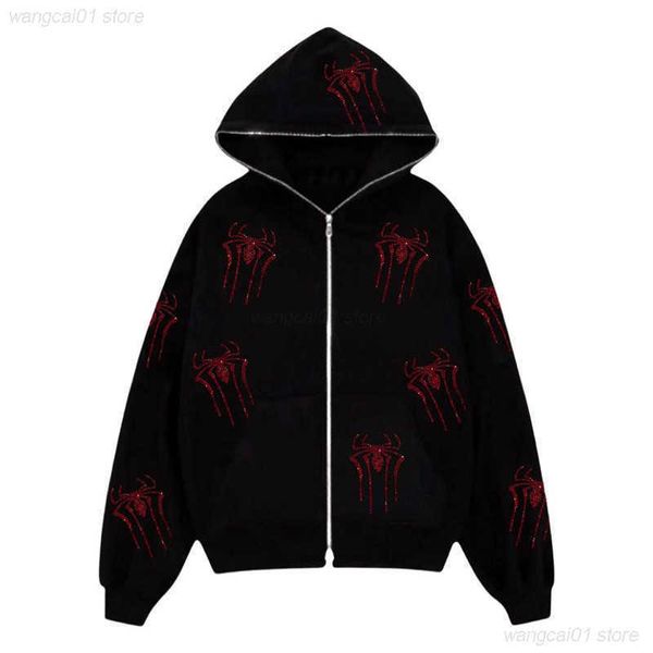 Erkek Ceketleri Rhinestones Kırmızı Örümcek Baskı Y2k Kadın Zip Up Uzun Seve Büyük Boy Siyah Hoodie 2022 Yeni Gotik Punk Moda Rahat Tişörtü 1117H22