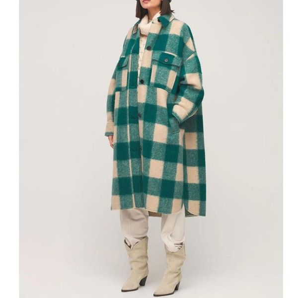 Misto lana da donna Cappotto di lana di media lunghezza da donna Cappotto invernale monopetto da donna a maniche lunghe scozzese Top con doppie tasche 221117