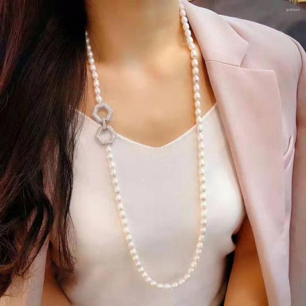 Catene Gioielli da donna 8-9mm 80cm Accessori in zirconi micro intarsiati Collana di perle d'acqua dolce di riso bianco