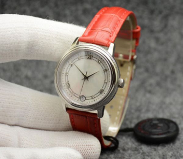 De Ville Prestige Uhr, automatisch, mechanisch, silbernes Gehäuse, silbernes Muschelzifferblatt, rotes Lederarmband, Datum, Saphirglas, 32 mm, Damen-Armbanduhren von Miyota 2813, Designer