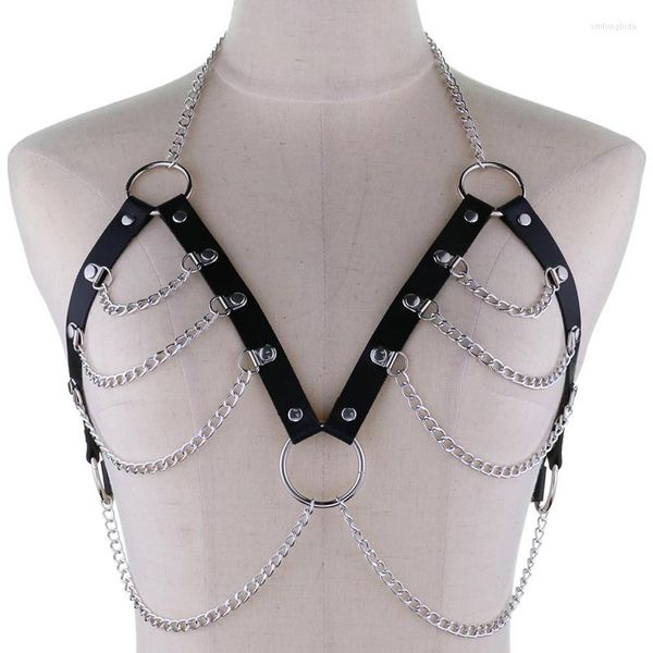 Canotte da donna Imbracatura per il corpo in pelle a strati sexy Reggiseno a catena Cintura sul petto superiore Cintura strega punk gotico Moda Donna in metallo Accessori per gioielli 16 colori