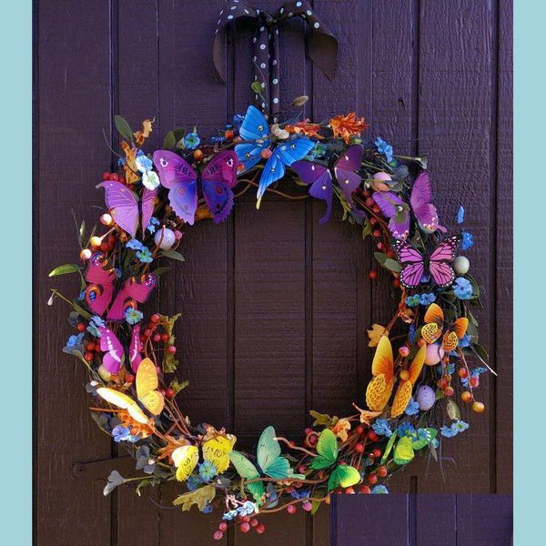 Декоративные цветы венки венки гирлянды бабочки венок искусственный плюс зеленый праздничный декор для весенней входной двери пластиковой симуляцию варва