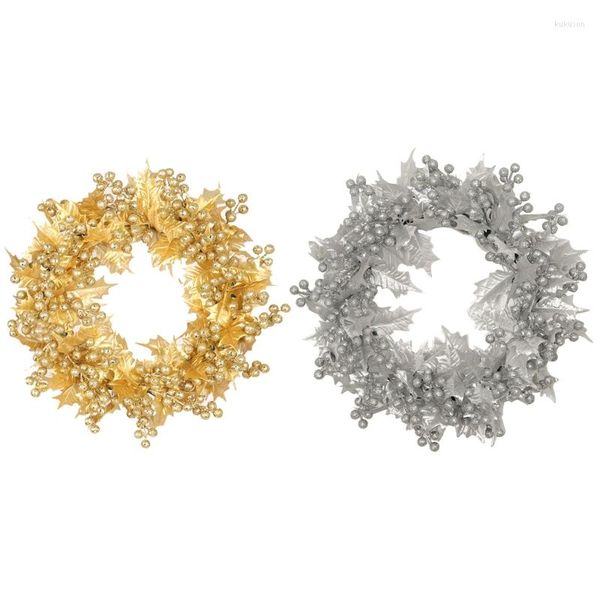 Flores decorativas A0KE de Natal Wrinalh Greath Gold Silver Silver Powder Fruit Garland