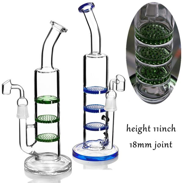 Klein Glass Bong Recycler Oil Rig Hookahs Solid Base Thick Glass Pipe Heady Dab Rigs Honeycomb Percolator Green Blue Smoking Accessories 11 Polegadas de Altura