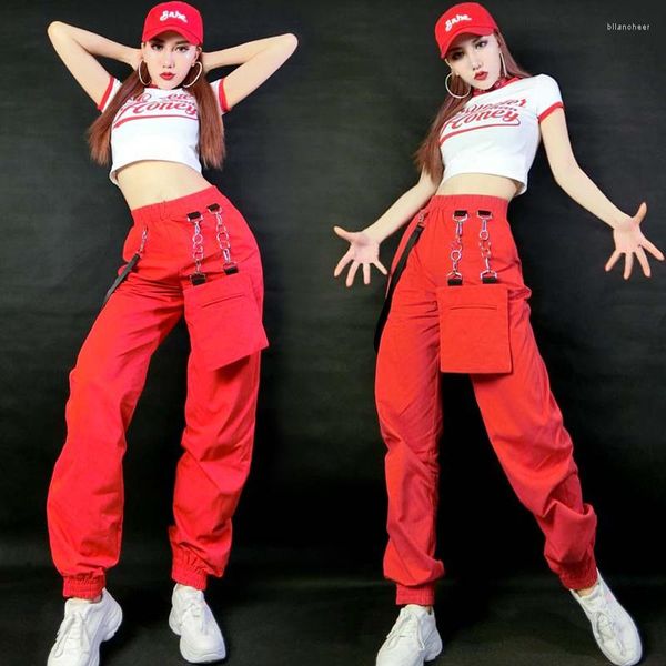 Стадия носить костюмы хип -хоп женские модные красные брюки уличная танце