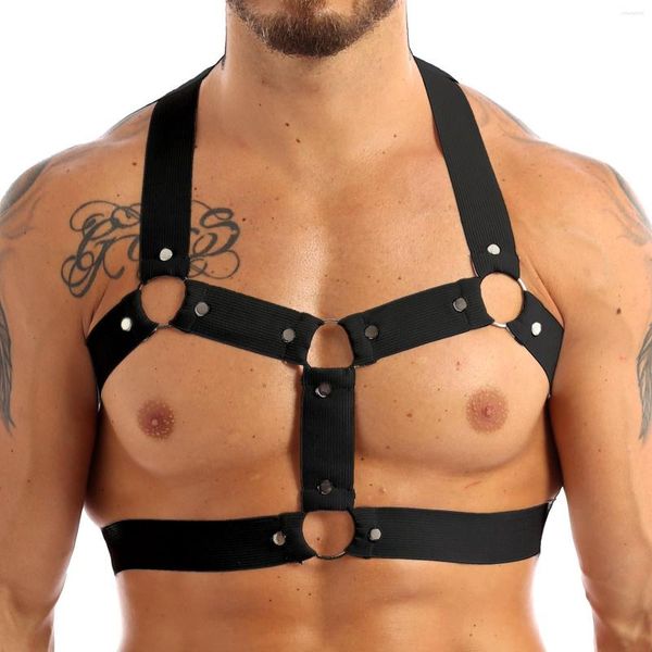 Trajes de roupa de gato, homens sexy, elástica cinta de ombro, cinto de arnês muscular com rings de metal e pregos de fantasia de festas de clube chiques