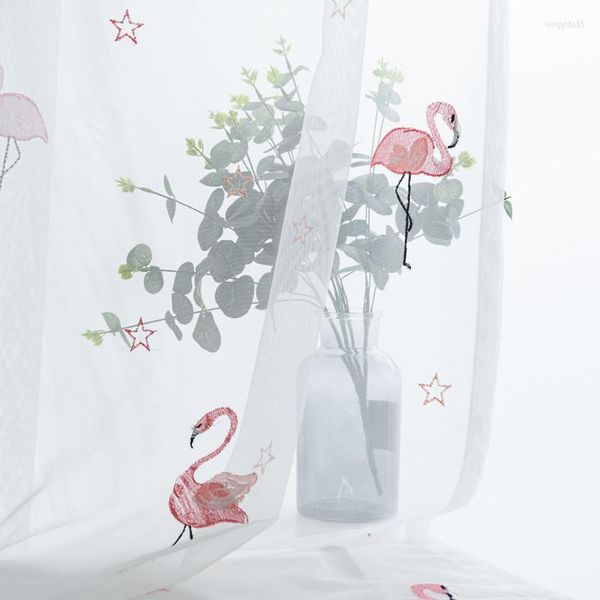 Vorhang, rosa Flamingos, bestickte Voile-Vorhänge für Jungen, Mädchen, Kinder, Kinderzimmer, niedliches Cartoon-Französisches Fenster, Gaze, WP238C