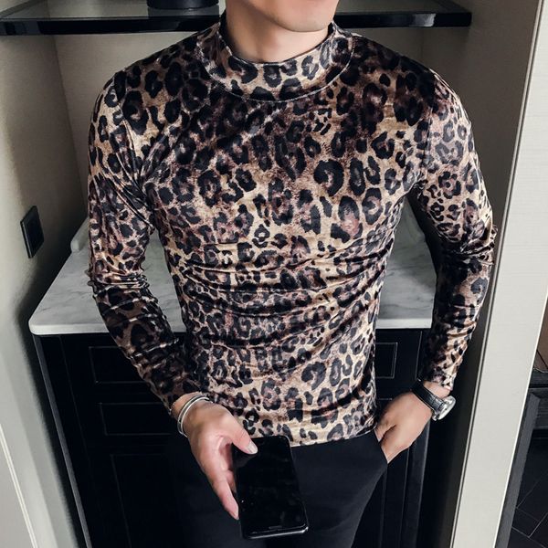 Erkek Tişörtleri Moda Leopar T-Shirt Kış Yüksek Kaliteli Kadife Üstler İnce Yüksek Neck Uzun Kollu Erkekler Camiseta 221117