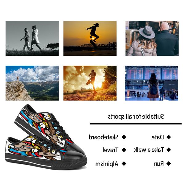 Homens Mulheres Sapatos Diy Custom Shoes Low Top Canvas Skateboard Skateboard Sneakers Triple Black LEFTIZAÇÃO UV Printing Sports Sneakers Houzi 168-34