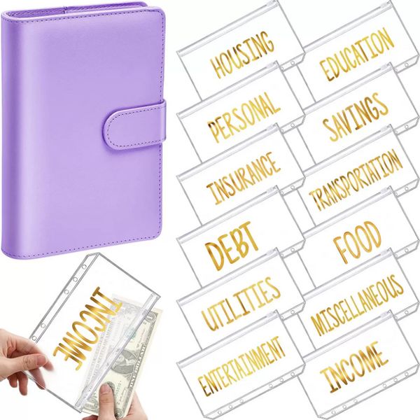 Organizador de caixa do or￧amento de couro A6 PU PU6 Carteira pessoal de 12 bolsos de fich￡rio Poltas de z￭per para planejador economizando dinheiro SS1118