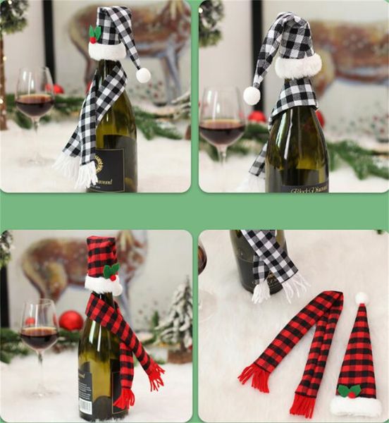 Großhandel Bar Tools Weihnachtsschmuck Set Weihnachten Mini Buffalo Plaid Weinflasche Topper Abdeckung Weihnachtsmütze Karierter Schal KD1