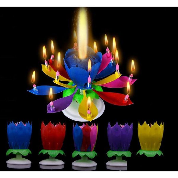 Decorazione per feste Candela di compleanno musicale Candele magiche di fiori di loto Blossom Rotating Spin Party 14 Small 2Layers Cake Topper Decorat Dhxu6