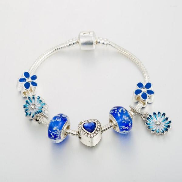 Очарование браслетов Daisy Flower Bracelet Bracelet Femme Королевские голубые стеклянные бусинки для женщин DIY модные украшения пульса