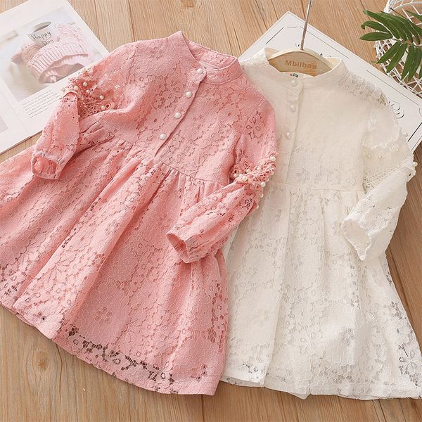 Mädchen Kleider Frühling Herbst 3 4 6 8 10 bis 12 Jahre Kind England Stil Prinzessin Perle Spitze knielangen Kinder Baby Mädchen Langarm Kleid 221118