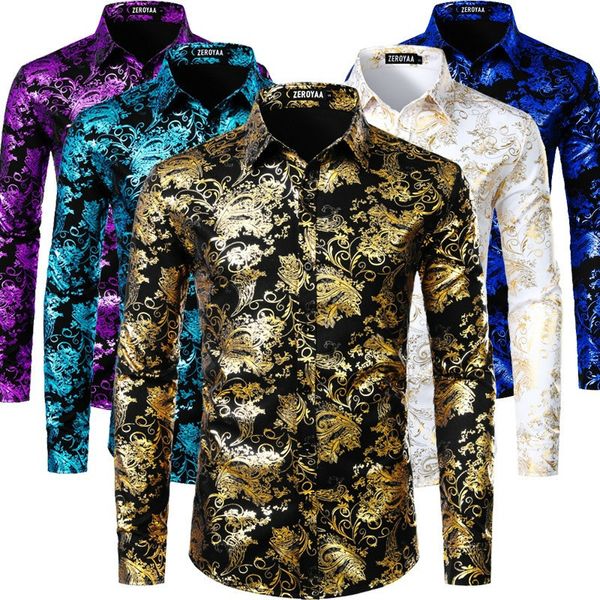 Camicie casual da uomo Mens Luxury Paisley Floral Gold Shiny Print Camisas Elegante camicia a maniche lunghe sottile per party Prom Show Abbigliamento uomo 221117