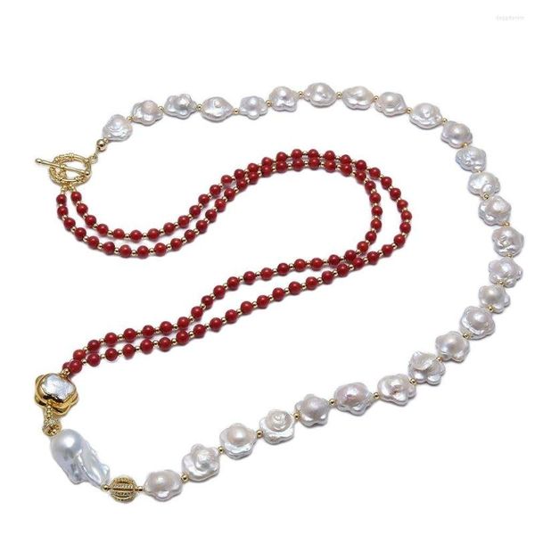 Collane con ciondolo Gioielli GuaiGuai Fiore bianco naturale Perla Corallo rosso CZ Collana lunga con catena a maglione barocco pavimentata fatta a mano per le donne