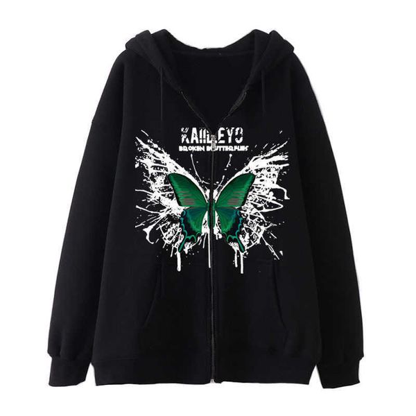 Damenjacken Gothic Butterfly Print Reißverschluss Pullover Retro Y2K Hot Girl Fashion Hoodie Street Tide Plus Size Mantel T221105