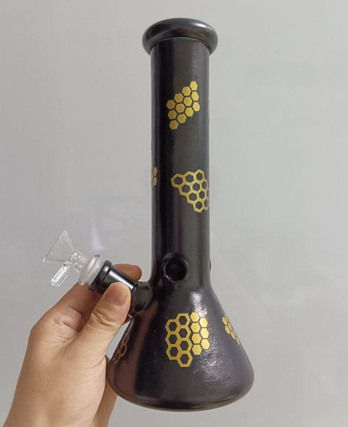 Narghilè in vetro a nido d'ape nero dorato da 10 pollici Bong Narghilè Bicchiere per pipa ad acqua Olio Dab Rig Bubbler